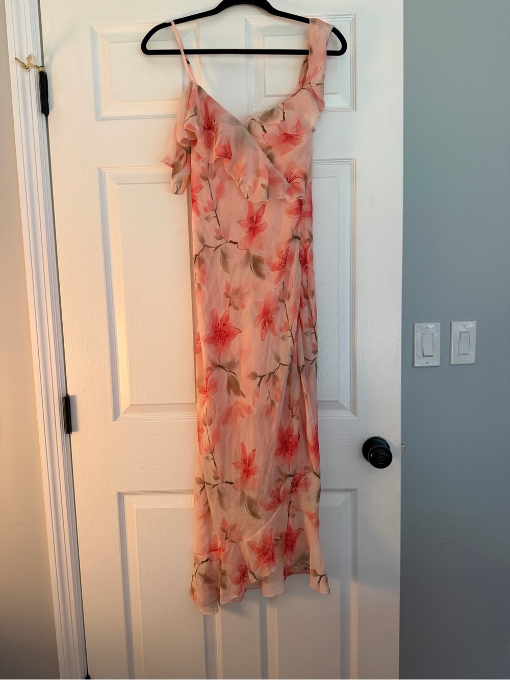 Floral Pink Midi Dress with Ruffle Detail